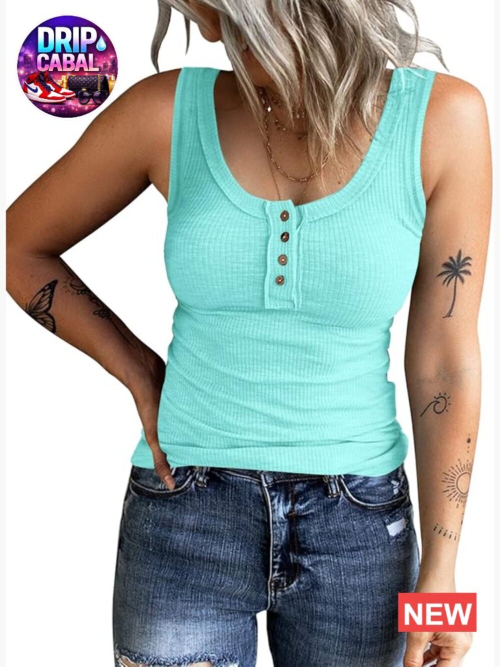 Women's Sleeveless Henley Tank Top Ribbed V-Neck Button Down Summer Slim Fit Tee